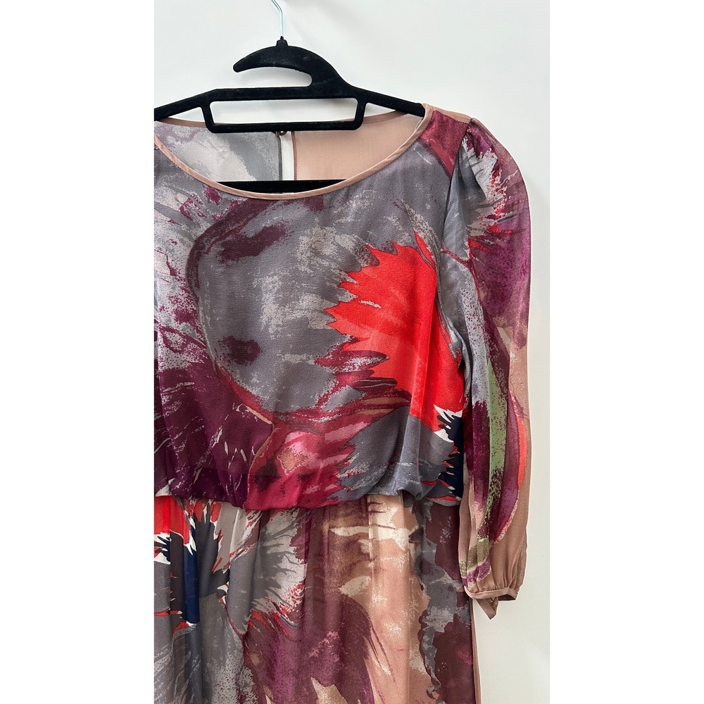 Tibi New York Silk Dress Size 8 Abstract Art Sheer Sleeve Lined Boho Blouson - Picture 4 of 16